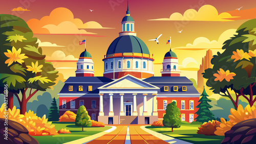 Very beautiful view of the Maryland State Capitol Building in Annapolis, featuring its iconic dome, historic architecture, surrounding trees, and warm natural daylight in a realistic scenic setting.