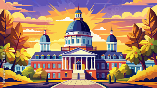 Very beautiful view of the Maryland State Capitol Building in Annapolis, featuring its iconic dome, historic architecture, surrounding trees, and warm natural daylight in a realistic scenic setting.