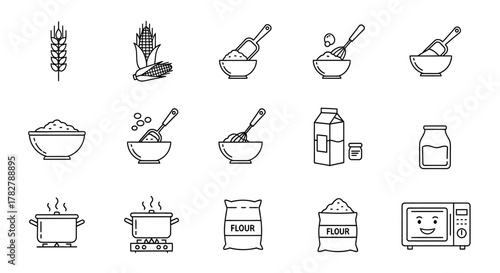Set of hand drawn icons for cooking and food preparation process. EPS Editable