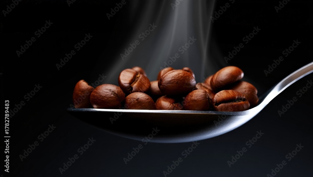 Obraz premium Steaming Roasted Coffee Beans Spoon Dark Background