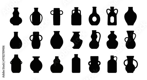 Set of various black silhouette ceramic vases and pottery icons. EPS Editable