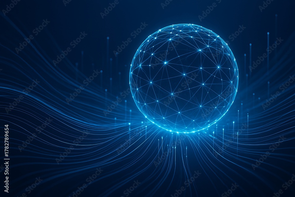 Obraz premium Blue abstract lines and spheres visualizing big data analytics and cloud computing network