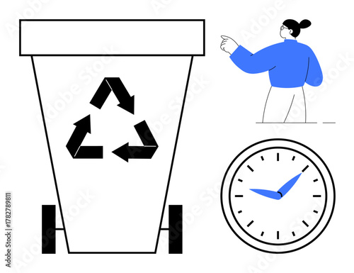 Recycling bin with arrows, person gesturing toward eco-conscious action, and clock reinforcing time awareness. Ideal for waste management, eco habits, time efficiency, environmental planning