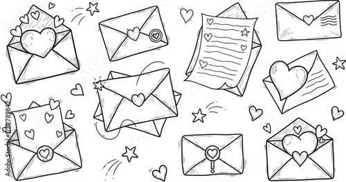 Whimsical doodles of letters and envelopes with hearts and stars, romantic sketch icons