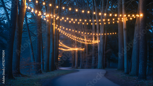 Bild auf Leinwand Magical forest path illuminated by warm string lights creating a romantic and en