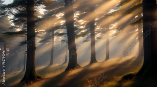 Forest at Dawn: Volumetric Rays of Light Passing Through the Tall Pines