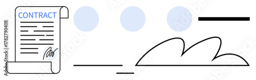 Scroll-style contract paper with text and signature, abstract shapes nearby. Ideal for agreement, legal process, signature, contract, negotiation, law compliance, and formal commitment concepts