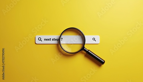 Magnifying glass finds next step query. Search loupe over inquiry sign seeks answer. Finding solution, progress concept. Future steps research, strategy in business with yellow background. New goal,