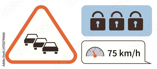 Cars in traffic sign triangle, three padlocks for restriction, speedometer displaying 75 kmh. Ideal for traffic safety, congestion, transport regulation, speed control, restriction, security simple