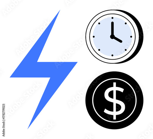 Lightning bolt, simple clock, and dollar coin evoke themes of energy, time management, cost efficiency, and productivity. Ideal for business, energy saving, technology finance speed