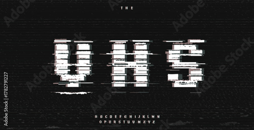 VCR VHS font logo alphabet glitch effect typography on grunge rough pixel pattern, analogue screen background. Bitmap old display alphabet. Digital bad signal noise headline logotype. Vector typeset