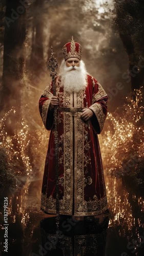 St. Nicholas in radiant festive attire amidst a mystical, illuminated forest. Embracing a staff