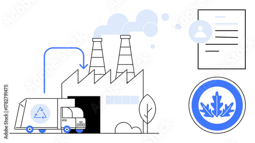 Recycling truck unloading at factory emitting smoke, eco certification badge, and linked document. Ideal for recycling, sustainability, certification, production, environmental responsibility, supply
