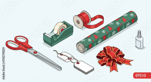 Isometric view of Christmas gift wrapping supplies: scissors, tape, ribbon, paper, tags, and bow.