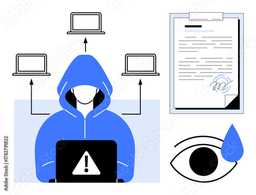 Hacker with a warning-labeled laptop surrounded by connected devices, digital document, and teardrop-shaped eye. Ideal for cybersecurity, hacking threats, data breaches, privacy, online security