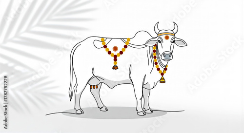 Minimalist Line Art of Decorated Cow for Pongal Holdiay, Sugarcane Stalks Shadows and Isolated Empty White Background