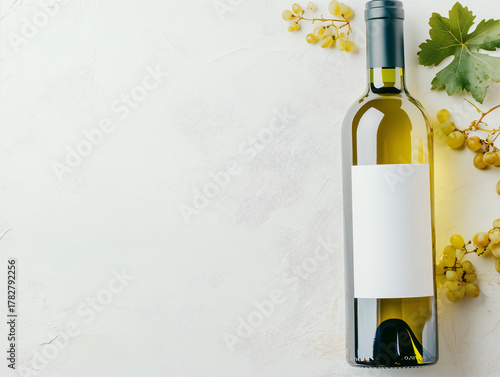 Wallpaper Mural Bottle of White Wine with Fresh Green Grapes on a Textured Off-White Surface Torontodigital.ca