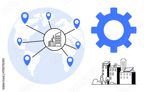 Industrial hub connected via global map with location markers, large gear representing collaboration, and eco-friendly buildings. Ideal for globalization, logistics, strategy, sustainability