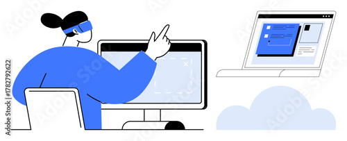 Person wearing AR headset interacts with computer, virtual interface, and cloud-connected laptop. Ideal for technology, innovation, virtual reality, remote work, cloud computing, teamwork innovation