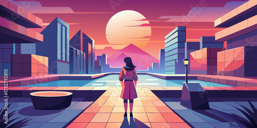 Gradient-forward portrait in a neon-dgradient cityscape with a poised young woman