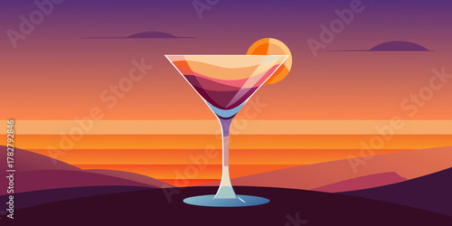 Sunset gradient cocktail in flat vector with bold horizon hues. Crisp vibrant beverage illustration