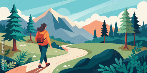Nature-inspired hiking scene in clean vector style with earthy tones