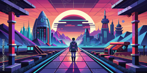 Retro-futurist Travel Vista: Neon skyline and traveler in vector art