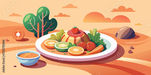 Sunset-gradient plated dish with warm geometric backdrop in flat vector style