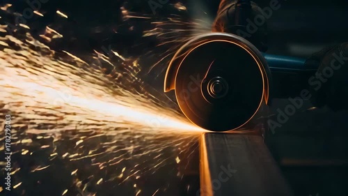 Angle grinder cutting metal beam with flying bright sparks in dark industrial workshop