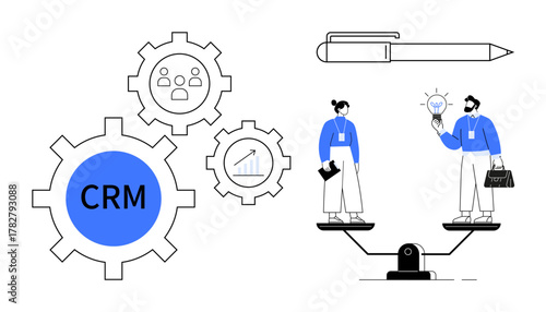 Businesspeople on a scale balancing ideas and tasks, CRM gears, chart, and pen. Ideal for teamwork, management, productivity, innovation strategy efficiency and simplicity themes. Modern flat