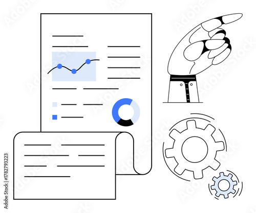 Robotic hand points to graphs, charts, and gears representing AI, automation, innovation, and technology. Ideal for analysis, progress efficiency strategy engineering future concepts. Simple flat