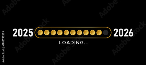 2025 to 2026 transition vector illustration with gold circular progress bar and digital countdown design on black background for New Year celebrations, festive greetings