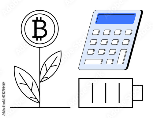 Bitcoin plant sprouting leaves, calculator for financial analysis, battery for energy concept. Ideal for cryptocurrency, financial growth, innovation, sustainability, energy, calculation green tech