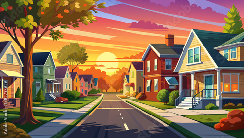 Very beautiful American street at sunset in Maryland, USA, featuring upper-middle-class single-family houses, colorful dramatic skies, warm sunlight reflecting on homes, and a realistic suburban stree