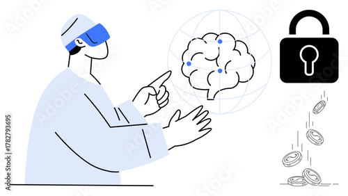 Person in VR headset pointing at a brain hologram with nodes, lock symbol representing data security, and coins falling. Ideal for technology, AI, finance, cybersecurity, innovation, virtual reality