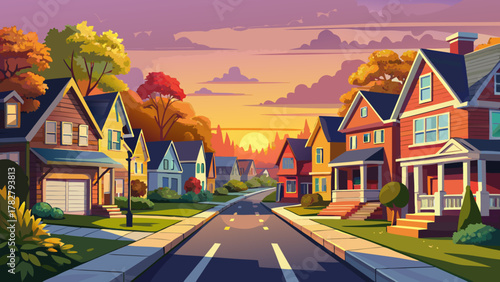Very beautiful American street at sunset in Maryland, USA, featuring upper-middle-class single-family houses, colorful dramatic skies, warm sunlight reflecting on homes, and a realistic suburban stree