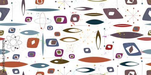 Vintage modern atomic seamless pattern with speckled and grainy texture, inspired by1950s and 1960s atomic age design, featuring abstract geometric shapes and orbit motifs , colorful vector design.