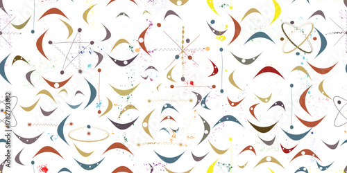 Vintage modern atomic seamless pattern with speckled and grainy texture, inspired by1950s and 1960s atomic age design, featuring abstract geometric shapes and orbit motifs , colorful vector design.