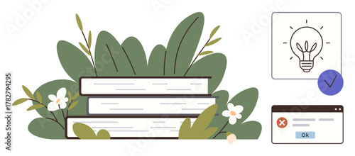 Three stacked books surrounded by green leaves and white flowers, lightbulb as an idea, and task completion checkmark. Ideal for learning, growth, creativity, productivity, task management