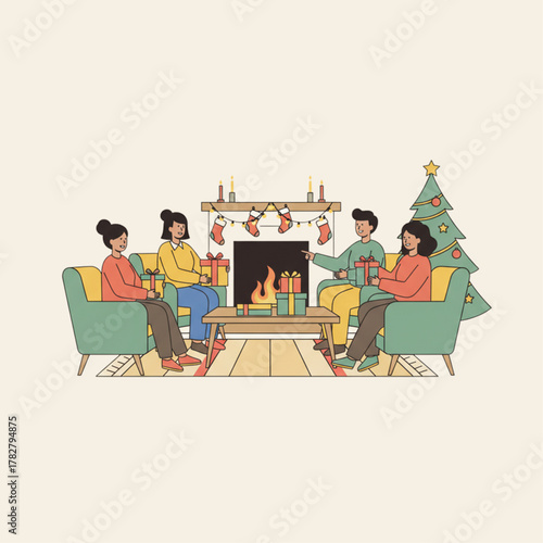 Friends Celebrating Together and Exchanging Gift Boxes Beside Decorated Fireplace in Flat Vector Illustration on Solid Background