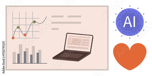 Graphs, charts, and a laptop screen visualize analytics and data trends. AI symbol and heart represent innovation, care, and future possibilities. Ideal for technology, progress, business
