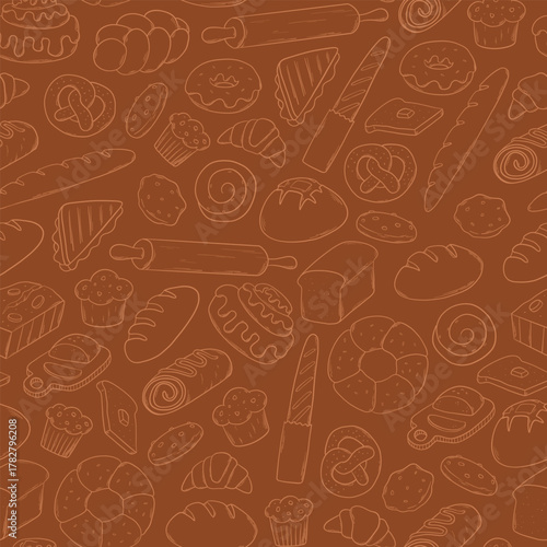 Bread doodles, bakery theme monochrome seamless pattern for packaging, wallpaper, textile prints, wrapping paper, backgrounds, etc. EPS 10