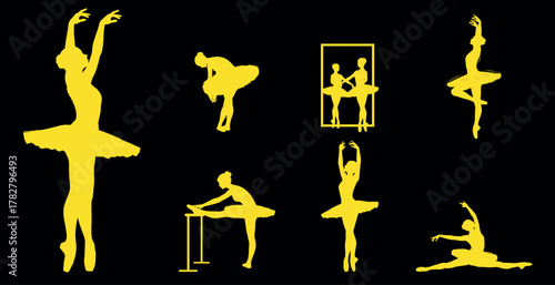 Elegant vector silhouettes of ballet dancers in various poses and movements — including dancing, stretching, and training at the barre, in bright yellow on a black background. 