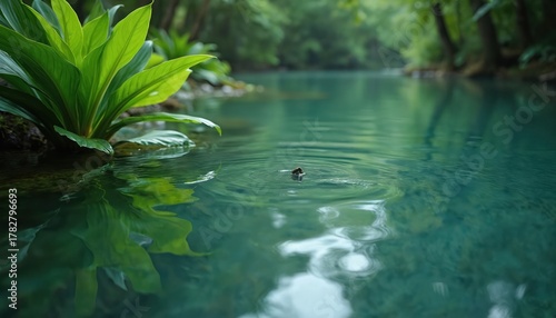 Fototapeta Naklejka Na Ścianę i Meble -  Clear turquoise water of a tranquil river in a green forest. A lush plant grows on the bank its leaves reflected on the calm surface. Serene wild nature scene in a peaceful jungle background.