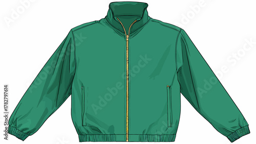 Technical Flat Sketch of Green Bomber Jacket Mockup with Stand Collar and Full Zip Closure for Sportswear and Outerwear Apparel Template