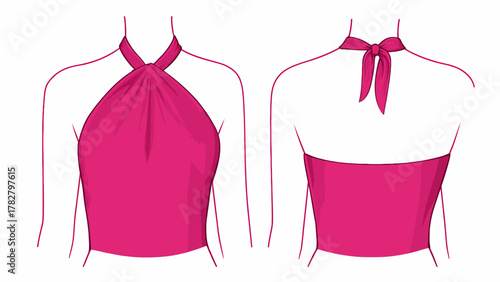 Technical Flat Sketch Vector of a Women's Pink Halter Neck Tie-Back Top, Elegant Summer Apparel Template (Front and Back View)