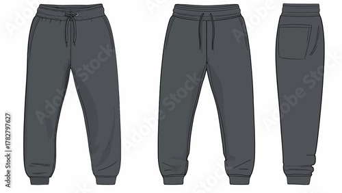 Technical Flat Sketch Vector of Unisex Dark Grey Joggers or Sweatpants, Casual Athleisure Apparel Template (Front, Back, and Side View)