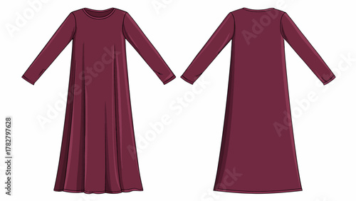 Technical Flat Sketch Vector of a Women's Burgundy Long Sleeve Maxi Dress or Abaya, Modest Fashion Apparel Mock-up Template (Front and Back View)