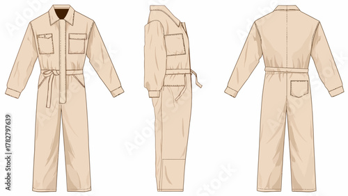 Technical Fashion Flat Sketch Vector of a Unisex Utility Jumpsuit with Belt, Boiler Suit Template with Pockets, Front Side Back Views