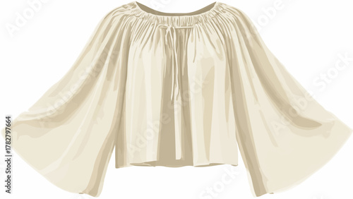 Vector Illustration of Women's Peasant Blouse Mockup in Off-White with Gathered Neckline, Tie Detail, and Wide Bell Sleeves for Bohemian Fashion